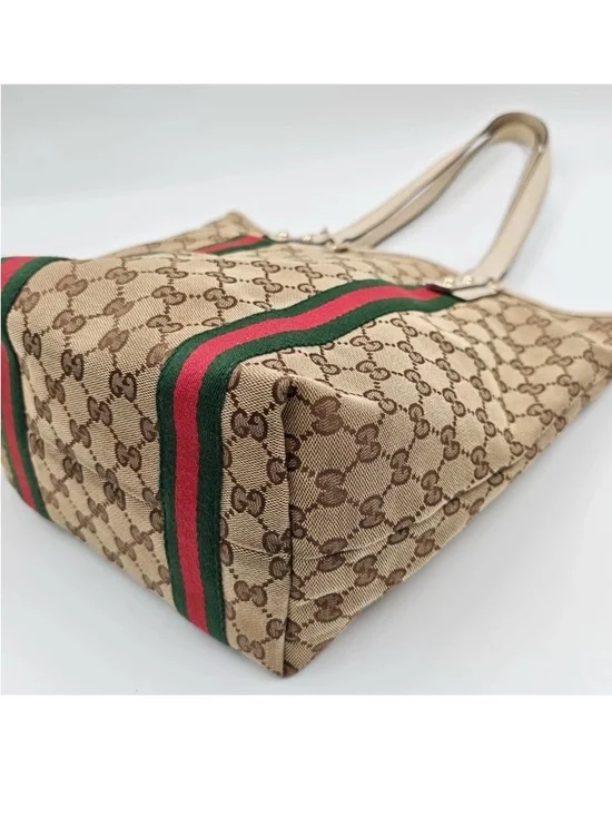 Gucci Beige GG Canvas Tote with Green-Red Stripe - Picture 6 of 14